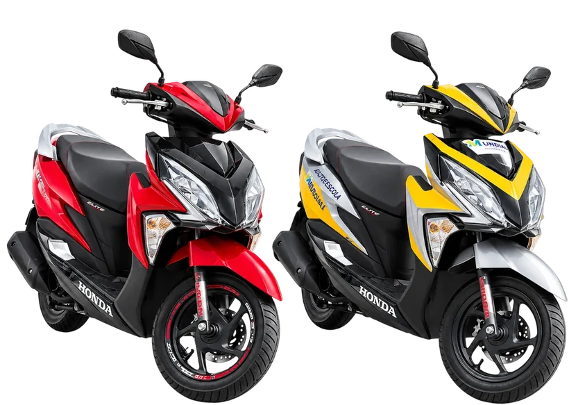 Scooters Honda Elite automáticas da Mundial, vermelha e amarela